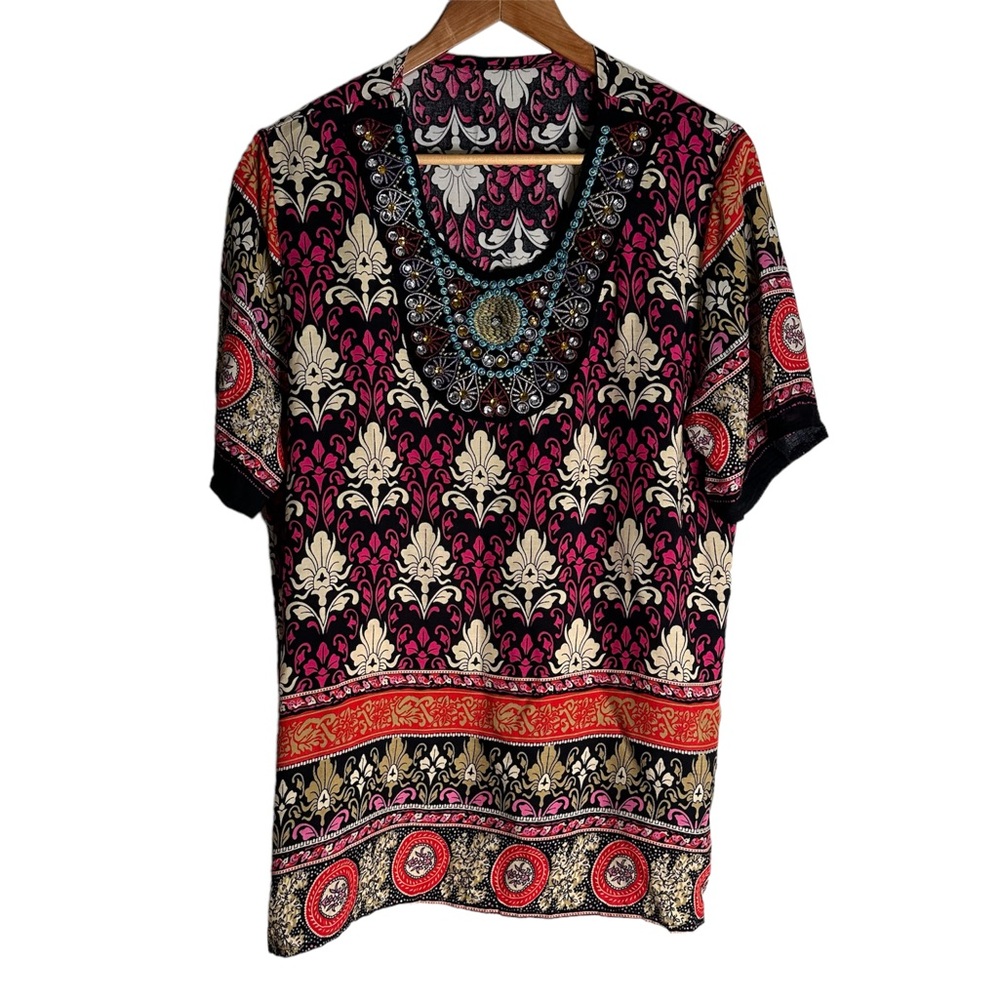 Women’s Embroidered Sequin Multi-Colour Print Boho Top Large
